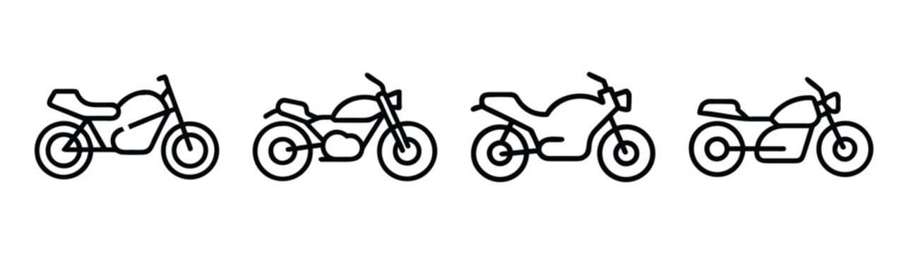 Collection of four detailed line art motorcycle icons showing different models