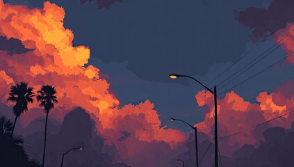 Sunset clouds ablaze, palm trees, streetlights, dreamy sky, vibrant colors