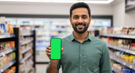 Smiling Man Showing Green Screen Smartphone in Grocery Store
