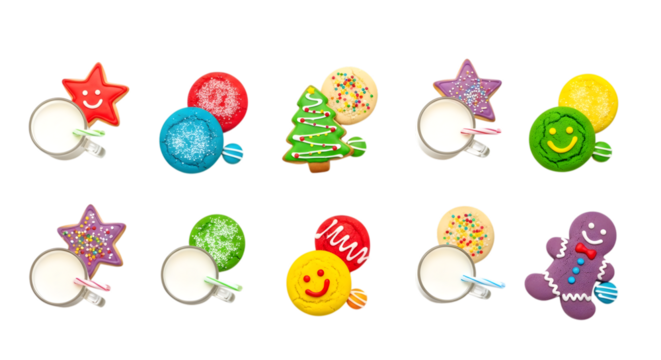 Collection of festive holiday cookies and gingerbread man isolated on transparent background