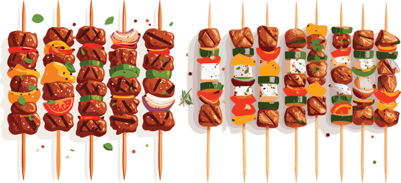 A vibrant illustration showcasing a variety of grilled meat and vegetable skewers arranged on a white background, with scattered spices and herbs.