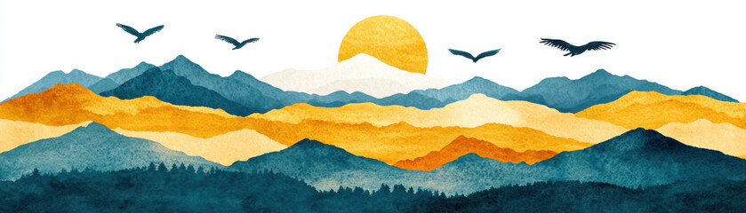 Watercolor mountain landscape with blue and orange layers, sun rising behind peaks, and birds flying in sky creating peaceful scene
