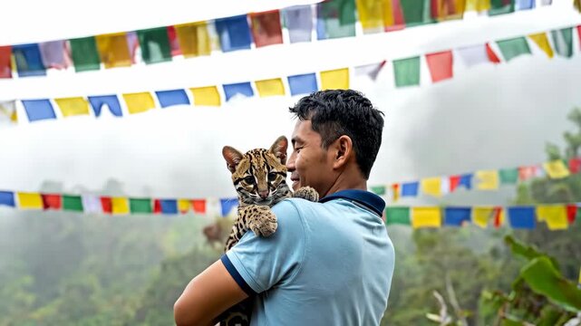 Man holding a baby clouded leopard with prayer flags in the background.