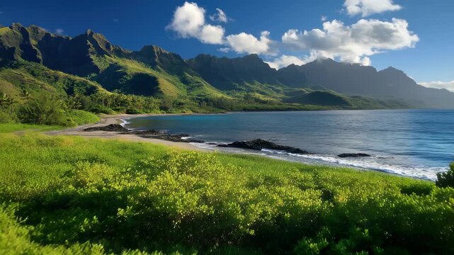Glistening ocean beach with lush vegetation on Tahuata Island under clear blue skies, Deserted ocean beach lush vegetation Tahuata Marquesas Pacific