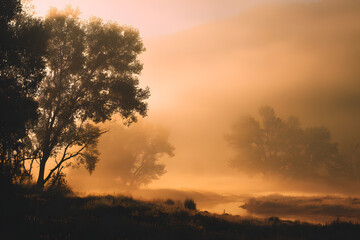soft sunrise light filtering through morning mist in gentle warm tones creating a calm atmosphere of renewal
