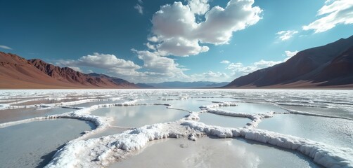 Vast salt flat features shallow water pools reflecting blue sky, white clouds. Thick salt crystals line briny lake edges. Red desert mountains frame arid landscape. Natural mineral deposit formation