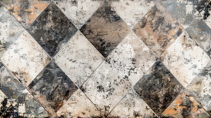 A grunge texture background of aged cement or stone tiles with a faded, decorative floral or geometric pattern. A rustic and vintage surface for design.