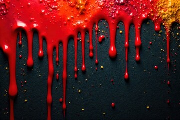 Abstract Art with Red Nail Polish Drips An abstract composition featuring thick, glossy drips and splatters of vibrant red nail polish cascading down a dark, textured background. Dramatic lighting