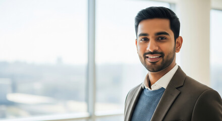 Smiling Young Indian Businessman Posing in Bright Office