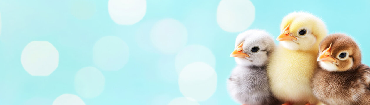 Three baby chick with soft feathers and bright eyes stand close together on blurred blue background, evoking warmth and innocence