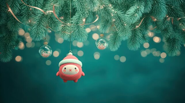 Adorable festive christmas ornament character wearing a santa hat hanging from a pine tree branch - Powered by Adobe