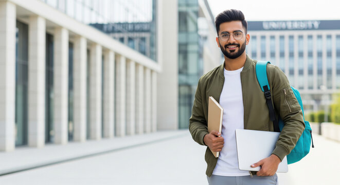 Smiling University Student Ready for Learning with Laptop and Backpack - Powered by Adobe