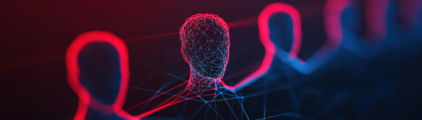 Digital glowing network of connected human silhouettes in red and blue light representing technology and communication in dark background