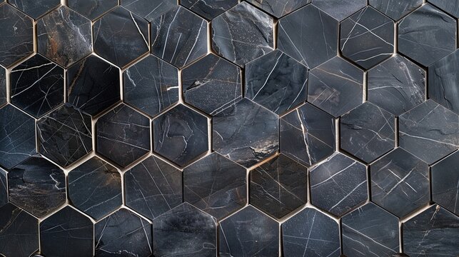 A sophisticated background of a modern wall covered in glossy black hexagon tiles. A geometric honeycomb pattern with light reflections for luxury interiors.