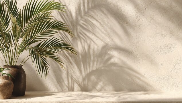 Tropical plant in rustic pot with shadow play on a textured wall