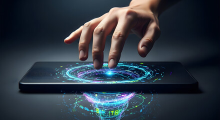 A hand touching a tablet displaying a glowing circular holographic interface on a dark background