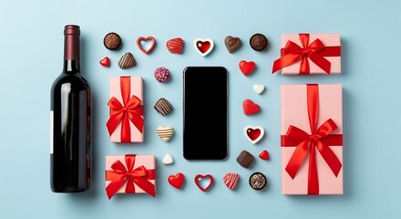 Valentine's Day gift arrangement with wine chocolates and smartphone on blue present romance