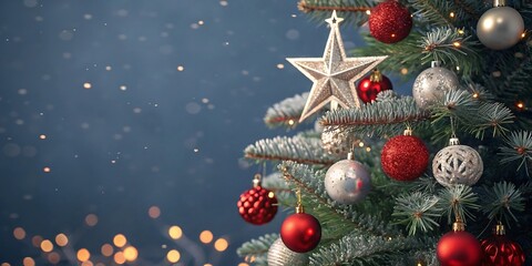 Festive christmas tree adorned with ornaments and a shining star illuminated by soft bokeh lights and falling snowflakes