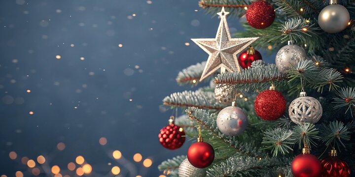 Festive christmas tree adorned with ornaments and a shining star illuminated by soft bokeh lights and falling snowflakes