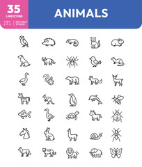 Collection of thirtyfive diverse animal icons in a minimalist line art style