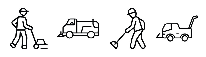 Naklejka premium Street cleaning icons person sweeping and vehicles for municipal services and road maintenance