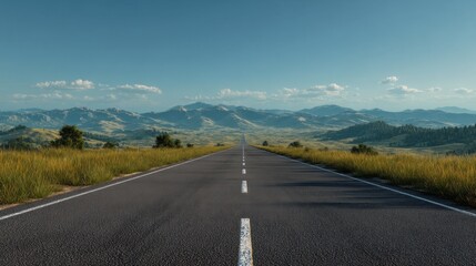 Fototapeta premium An empty road running through a natural landscape with green hills and blue sky, photorealistic and cinematic.