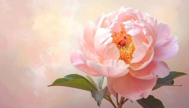 Close-up of a blooming, soft pink flower with a warm orange center against a light, painterly backdrop