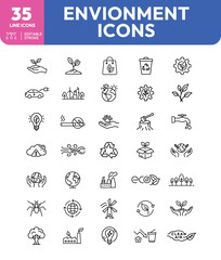 Collection of thirtyfive environmental icons in a line art style