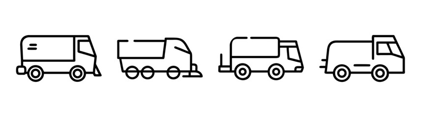Naklejka premium Collection of simple line art delivery trucks and vans in various styles for logistics and transport