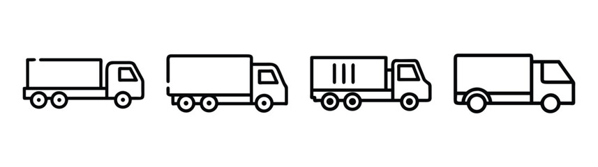 Fototapeta premium Set of line art delivery trucks transportation freight logistics vehicle icons