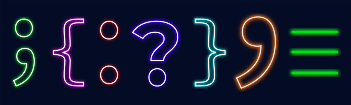 Neon Glowing Punctuation Symbols Set Colorful Light Outline Icons with Semicolon, Brackets, Question Mark and Lines on Dark Background