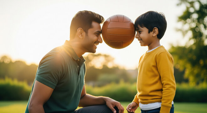 Joyful father-son moment with a soccer ball at sunset - Powered by Adobe