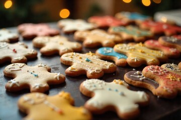 Festive Christmas cookie assortment on a rustic wooden table, decorated with pine sprigs and cinnamon sticks. A top down view of a rustic wooden table laden with a variety of intricately decorated