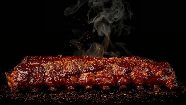 Culinary Still Life. Glazed Ribs with Smoke and Spice, A Tempting Feast for the Senses.