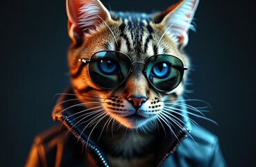 Obraz premium Cool cat wearing sunglasses and leather jacket. It has bright blue eyes and a serious expression. This feline looks like a rockstar or biker.