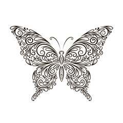 Detailed black and white butterfly with intricate swirl and floral patterns design