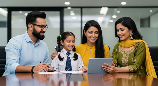 Indian Family Engaging with Technology and Planning Future in Office