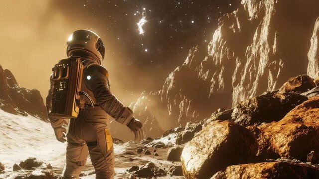 Astronaut observes Earth and stars from an alien landscape with rocky terrain, An astronaut on alien planet watching Earth and stars, standing between rocks on launchpad
