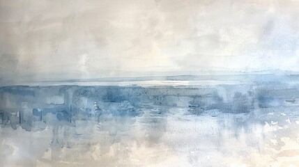 An abstract painting of a city skyline in misty pastel blue and soft gray. A moody, atmospheric, and modern representation of an urban landscape.