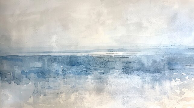 An abstract painting of a city skyline in misty pastel blue and soft gray. A moody, atmospheric, and modern representation of an urban landscape.