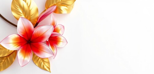 Abstract gold foil plumeria blossoms on crisp white , painting, modern