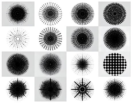 Sixteen grayscale circles with radial patterns on a square grid