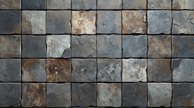 A seamless, loopable texture of varied square slate stone tiles in shades of gray, blue, and brown. A natural and rustic wall or floor background.