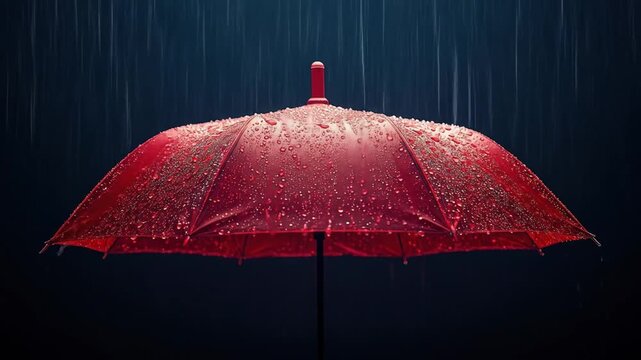 A red umbrella is open in the rain The water droplets cover the surface