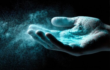 Fototapeta premium Hand releasing glowing blue particles into dark space. The particles have a glittery texture