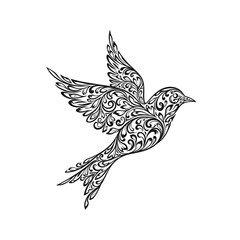 Ornate black and white illustration of a bird in flight with floral patterns