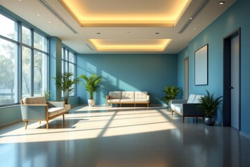Fototapeta premium Modern waiting area with sunlight, blue walls, sofas, and plants