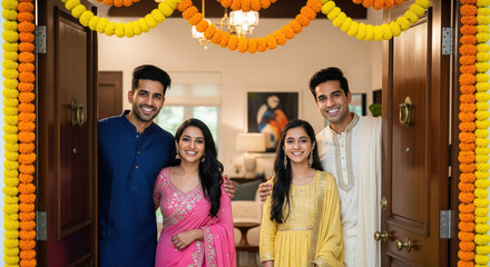 Indian Family Welcomes Guests at Festive Home Entrance