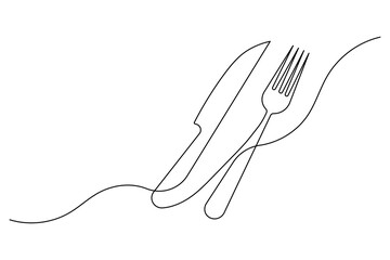 knife and fork continuous one line drawing of isolated minimalist outline vector icon