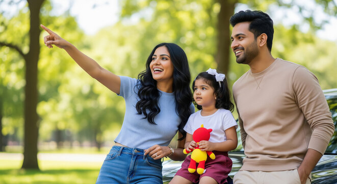 Happy Indian family enjoying outdoor time pointing together - Powered by Adobe